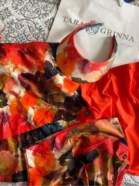 Bright Floral Swim Set with Matching Visor - Multicolor & Red